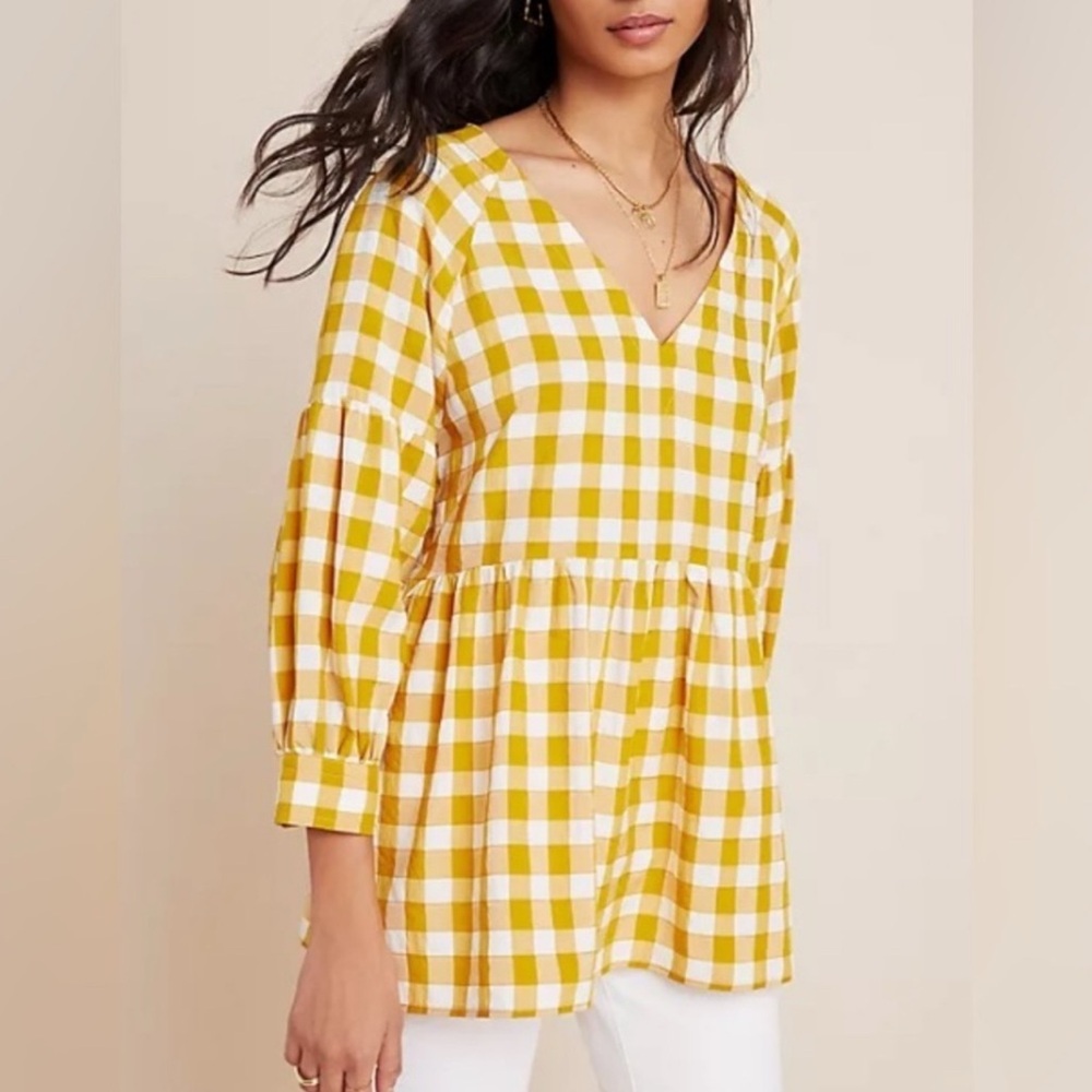 Anthropologie Mauve Gingham Check Mustard Yellow Top Blouse